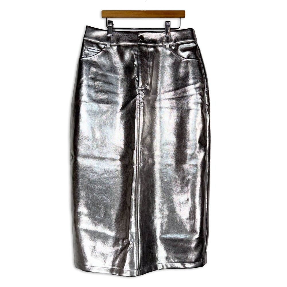 NWT 7 For All Mankind Metallic Silver Faux Leather Midi Skirt Size Medium